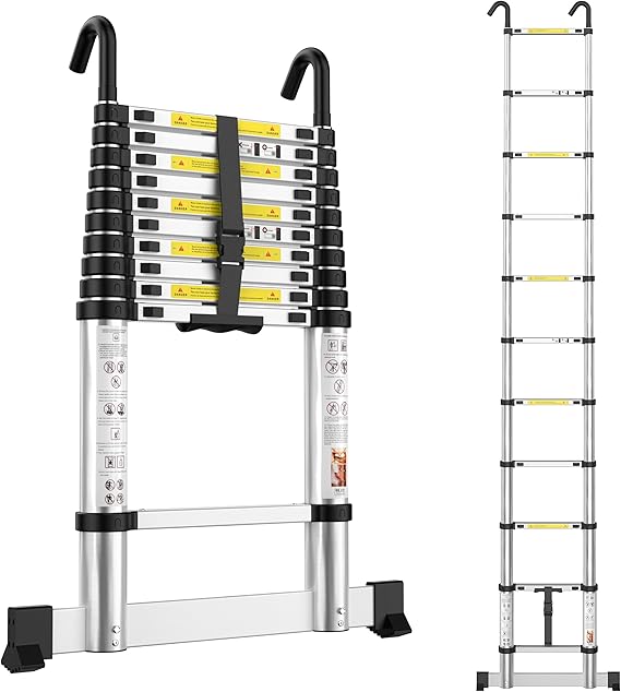 Telescopic Ladder 3.3M Aluminium Loft Ladder, Ladders Extendable with Hooks | Portable Extension Ladders with Stabilizer Bar for Roof Loft Caravans