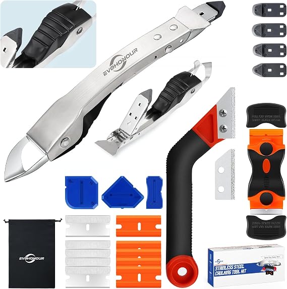 4 in 1 Silicone Caulking Tool Kit, Stainless Steel Caulk Remover Tool | Multi-Surface Use, Comfortable Grip, Plastic & Metal Scraper, 5 Exchange Silicone Pads, 3 Caulk Finishing Tools, Storage Bag