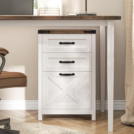 Halitaa 3 Drawer Small File Cabinet, Farmhouse, Rustic White