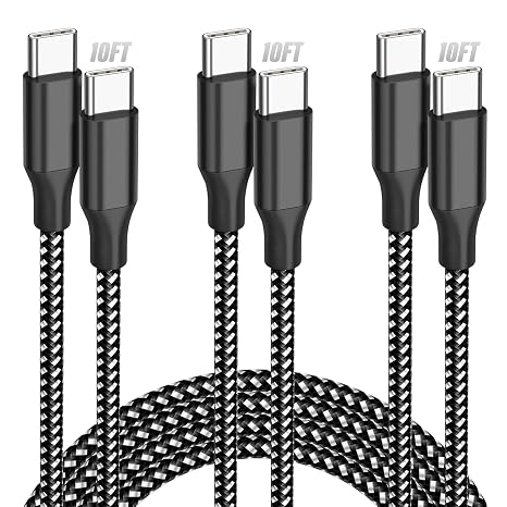 SwaggWood 60W USB C to USB C Cable 10ft 3 Pack Fast Charging Braided Cord | 3 Pack 10ft USB C Cable 60W Fast Charging, Nylon Braided Type C Charger Cord for iPhone 17 16 15 iPad MacBook - Black white