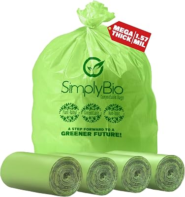 Simply Bio 96 Gallon Compostable Trash Bags Liners Flat-Top, Heavy Duty Extra Thick 1.57 Mil, 363.4 Liter, 40 Bags, Lawn, Yard, and Restaurant Use, ASTM D6400, US BPI, OK Compost Home Certified
