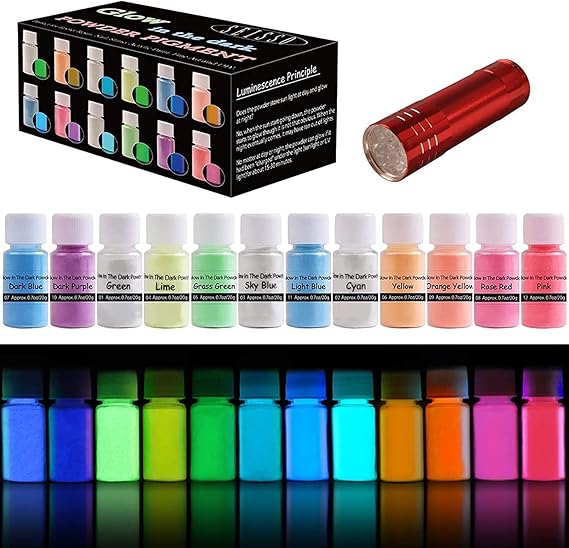 Glow in the Dark Pigment Powder, 12 Color 0.7oz/20g Epoxy Resin Luminous Powder Set for Resin Art, Nail Art, Acrylic Paint and DIY Crafts, Gift for Birthday Christmas Halloween Party