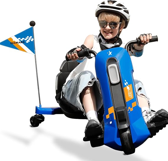 ELEMARA Drift Kart with Stepless Speed,12V Drifting Go Karts for Kids with Adjustable Seat,5 MPH Kids Go Kart with Music,Bluetooth,Light,Pennant,for Kid Age 6-14, Blue