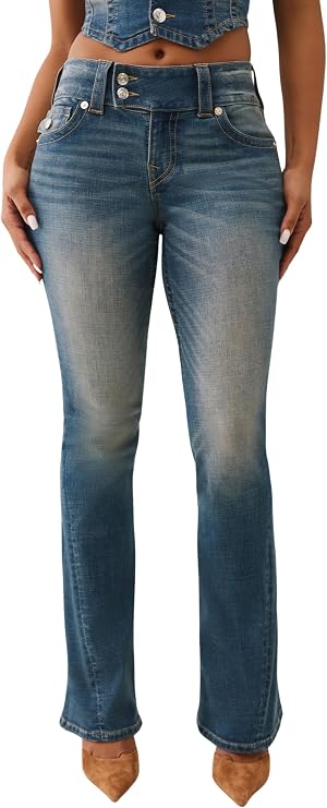 True Religion Joey Low Rise Flare Women's Jeans | Vintage Denim with Flap Pockets & Iconic Stitching