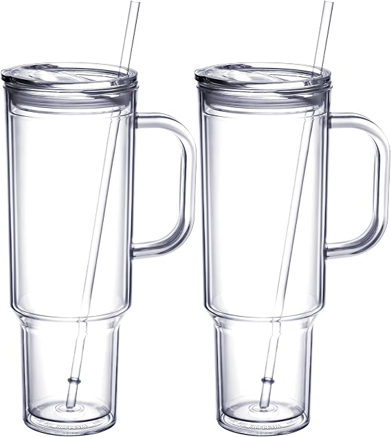 MEWAY 40 oz Acrylic Tumbler with Handle and Straw Lid,Double Wall Vacuum Reusable plastic Water Bottle Travel Mug Cup,Classic Tumblers Cupholder Friendly (2 Pack)