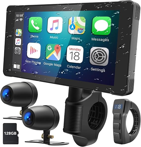 5.5" Motorcycle CarPlay & Android Auto Screen, Wireless GPS Navigation System Dual 2K Dash Cam, IP69K Waterproof, 128G Card, BT, G-Sensor, Loop Recording, Siri Voice Control, Remote Control