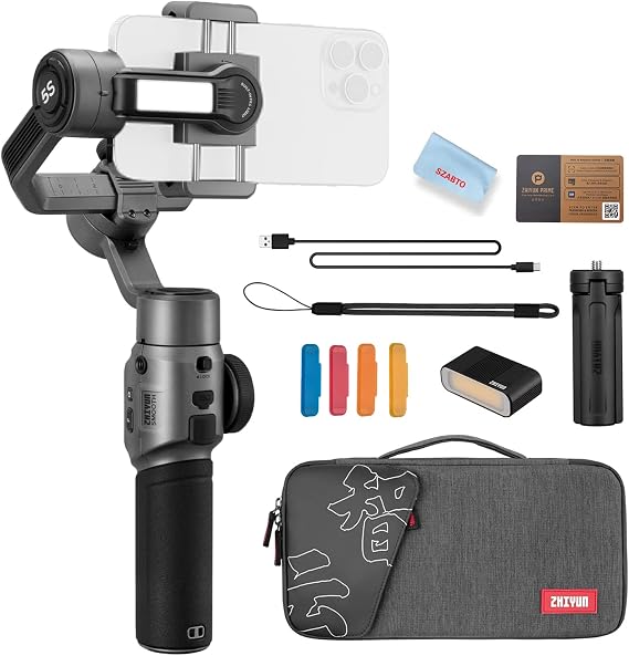 Zhiyun Smooth 5S Gimbal 3-Axis Handheld Smartphone Stabilizer for iPhone Android Phone with Built in LED Fill Light for Vlogging YouTube TikTok Facebook Video Live Stream,Gray(Combo Version)