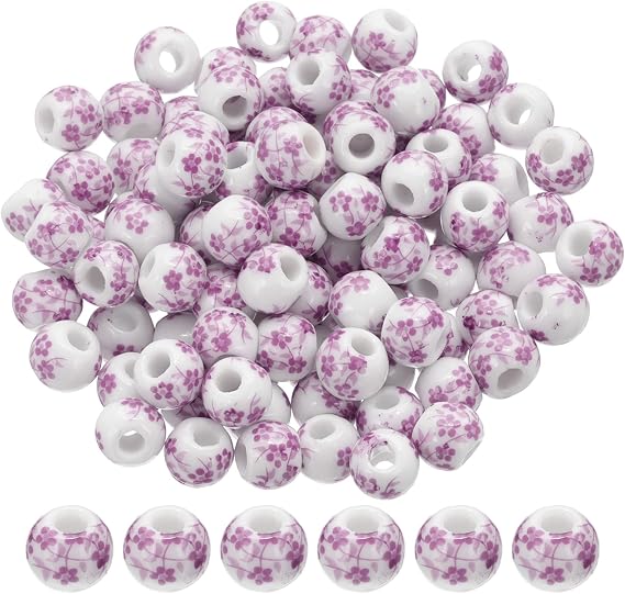 PATIKIL 100 Pink Porcelain Flower Beads, 8mm Round Ceramic Loose Beads for Jewelry Making