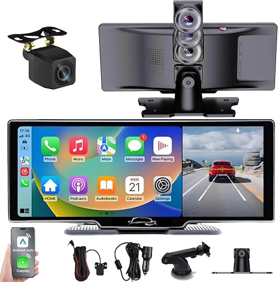 Flexscreen Pro Carplay, Flexscreen Pro (2025 Model), 10.26" HD Portable Carplay & Android Auto Screen, 4K Dash Cam Front and Rear with Voice Control, Mirror Link, Bluetooth, GPS Navigation, AUX/FM