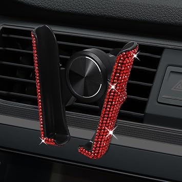 Bling Car Phone Holder, 360 Adjustable Mini Dashboard Air Vent Phone Mount, Universal Crystal Vehicle Vent Cell Phone Holder for Women Girls, Interior Car Accessories Decor (Red)