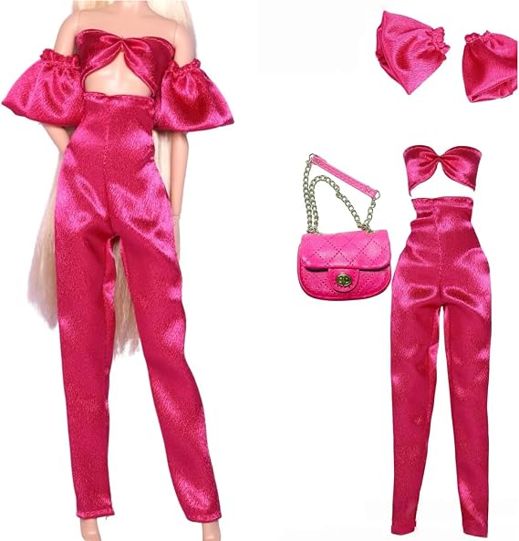 Mix-and-Match Basic Doll Outfits for 11.5-12 Inch/1/6 Size Fashion Dolls, Hot Pink 4 Piece Set with Crop Top, High-Waist Pants, and Quilted Purse, Dress-Up Game, Home Decor