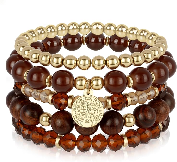 Bohemian Natural Stone Beaded Bracelets for Women Men Stackable Stretch Beads Bracelet Set with Charm and Tassel Multilayered Elastic Gemstone Bracelets Summer Beach Boho Jewelry Gift for Women