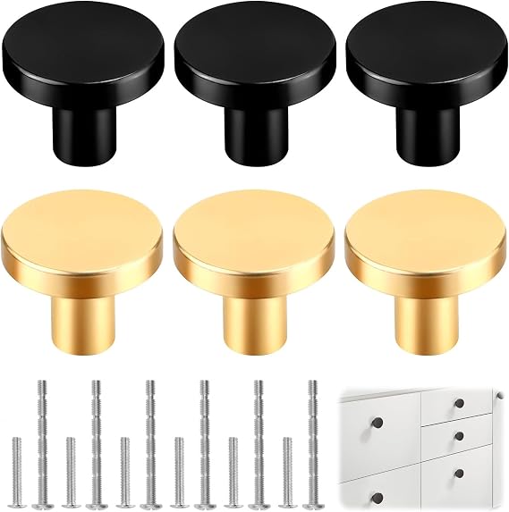 Round Cabinet Knobs, 6PCS Door Kitchen Hardware Cupboard Knob, 30 MM Single Hole Cupboard Door Handles for Drawer Wardrobe Cabinets Doors Decoration(Gold, Black)