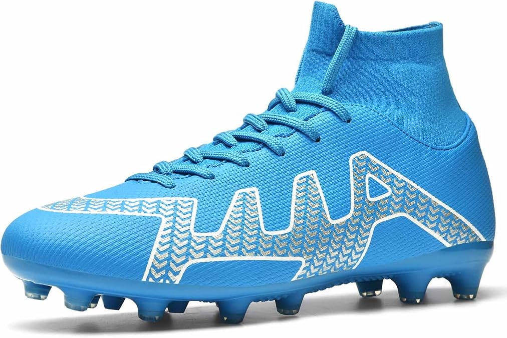 Football Boots Men's Outdoor High Top Spike Cleats Soccer Shoes Professional Athletics Trainers Sneakers Teenager Football Shoes,Blue,6.5 UK