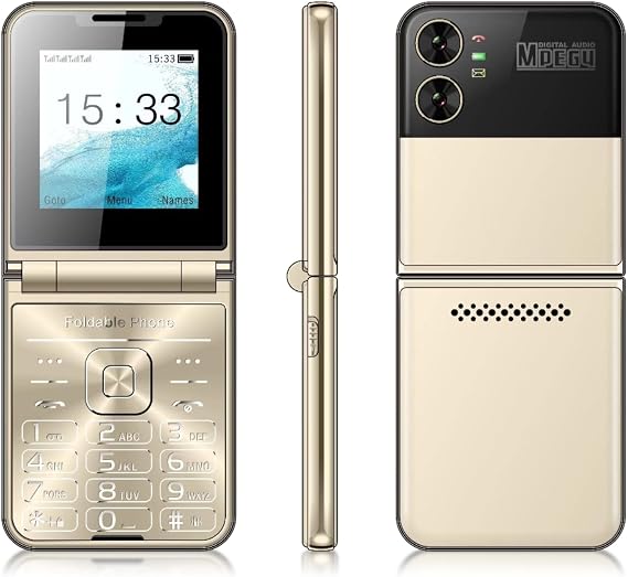 Flip Senior Cellphone, Flip Design Dual Screen Display Large Buttons Quick Dial Clear Sound HD Camera LED Flashlight (Gold)