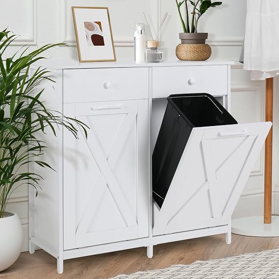 MAMIZO Double Tilt Out Trash Cabinet 10 Gallon*2,Kitchen Garbage Cabinet | Pet-Proof Standing Hidden Dual Laundry Sorter,W/Hideaway Drawer,for Kitchen,Living,Dining Room (White)