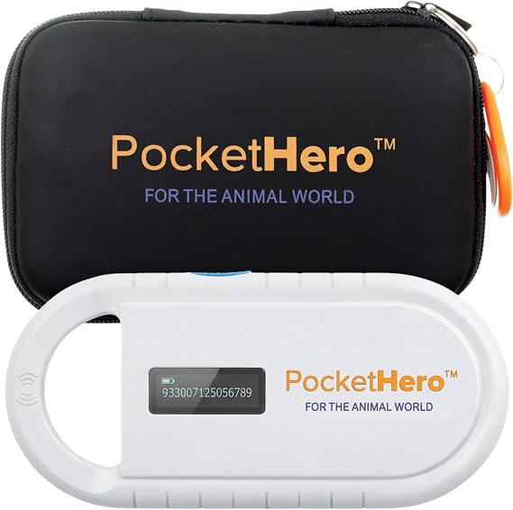 Pocket Hero ISO Microchip Scanner for Pets with Black Pouch & Test Chip | Reads ISO 15-Digit Microchips, Rechargeable USB Reader, Bright Display, Black Pouch & Test Chip Included