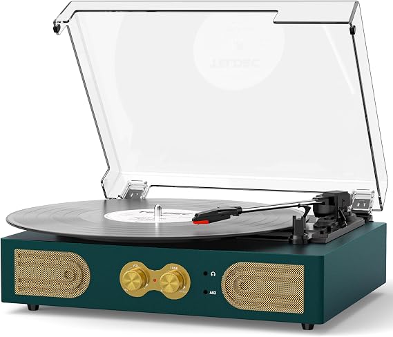 Vinyl Record Player with Built-in Speakers, Vintage 3-Speed Turntable, Bass/Treble Control, Headphone Jack, RCA/AUX Outputs, Belt-Driven LP Player, Green