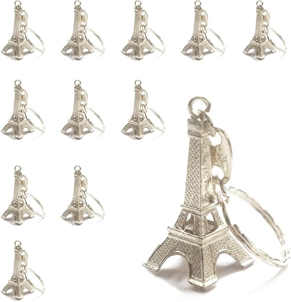 12 Pack - Silver Eiffel Tower key chain favor from Paris, French souvenirs key rings