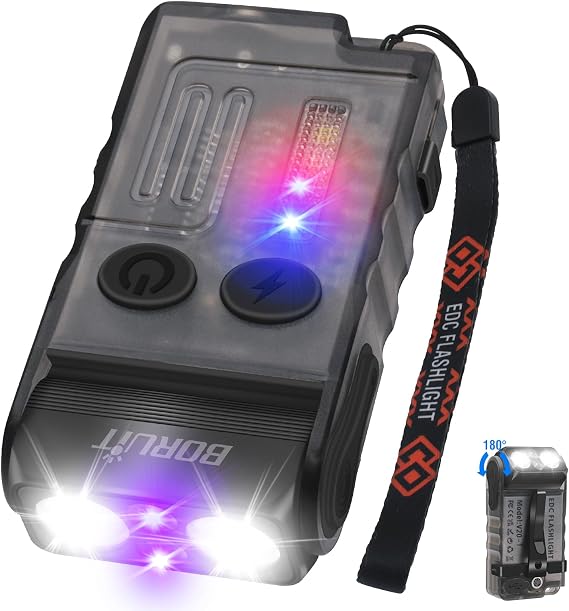 BORUIT V20 LED Small Powerful EDC Flashlight with 365nm UV Light,180Head Swivels,Super Bright USB C Rechargeable Mini Pocket Keychain Flash Light with Clip-13 Mode,IP67,Magnetic,110DB Buzzer(Black)