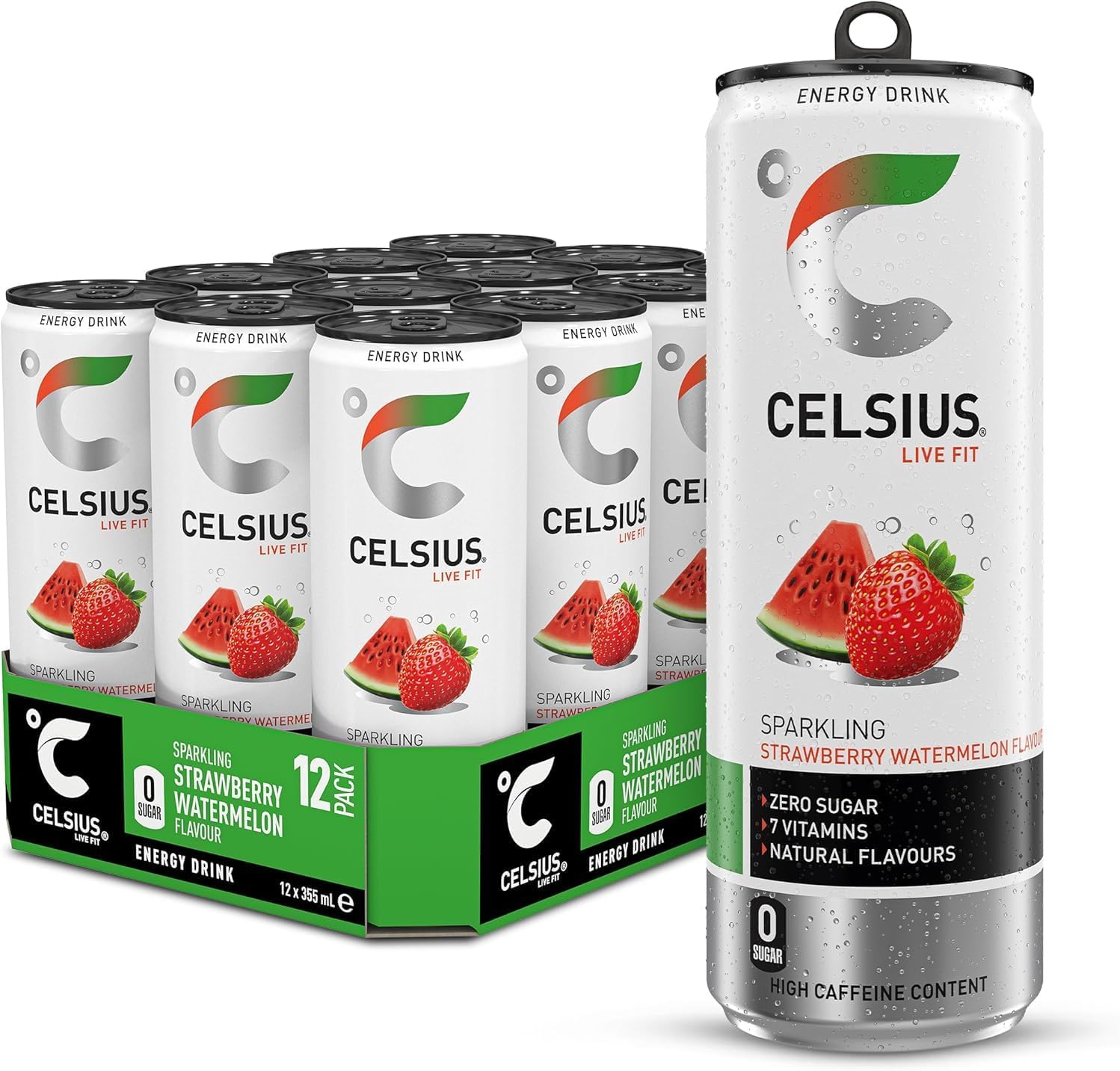 CELSIUS Energy Drink, Sparkling Strawberry Watermelon, Natural Flavours. No Artificial Colours, Sugar Free Energy Drinks, 355 mL, 24-Pack