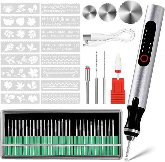 Cordless Engraving Pen, 3-Speed Electric Engraving Tool Kit, Engrave 50+ Surfaces, with 30 Small Drill bits, 5 Grinding Accessories and 16 Engraving Templates, USB Charging for Soft Wood Resin Stone J