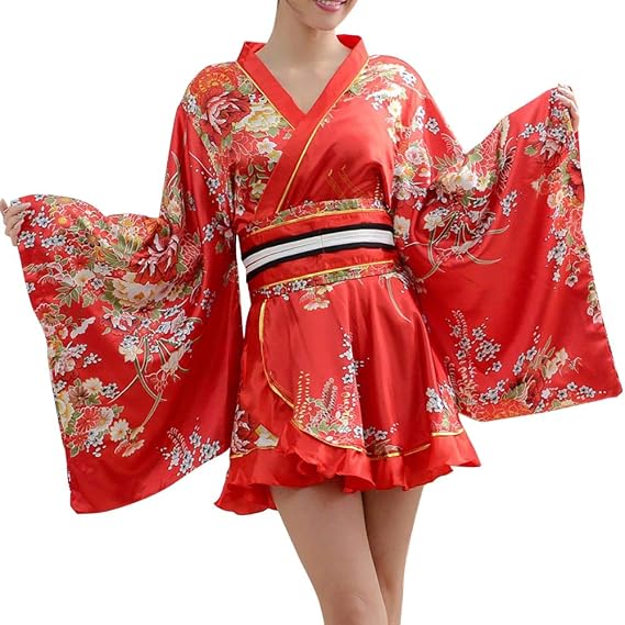 HONGFU Japanese Traditional Kimono, Anime Cosplay Costume, Women's Short Kimono with Obi, Gothic Lolita, Yukata Dress, Maid Outfit