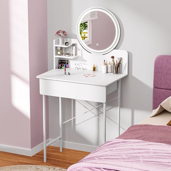 Makeup Vanity Desk with Lights, Small Vanity Table with Mirror and 1 Drawer, White Make Up Vanitys with Lighted Mirror, 2 Open Shelves, Dressing Table for Women Girls, Compact Bedroom Furniture White
