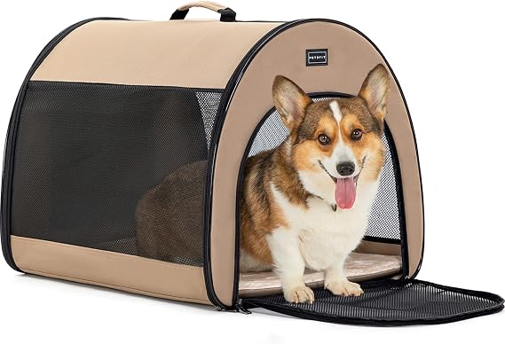 PETSFIT Soft Dog Crate, Dog Travel Crate - 26.5 Inch Lightweight, Roomy, Easy to Set Up, Portable Pop Up Dog Carrier with Thick Mat, Sturdy Soft Sided Dog Crate, Khaki