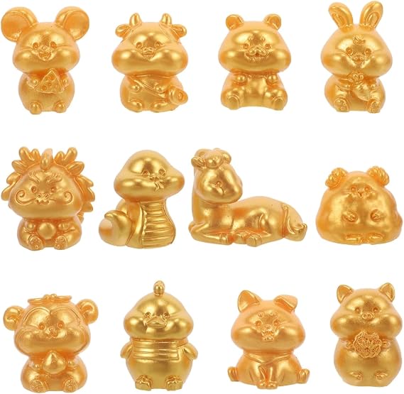 12PCS Mini Animals Figures, Chinese Zodiac Animal Figure Set, Feng Shui Resin Mini Animals Figures, Animal Figurines for New Year Celebration and Table Decoration