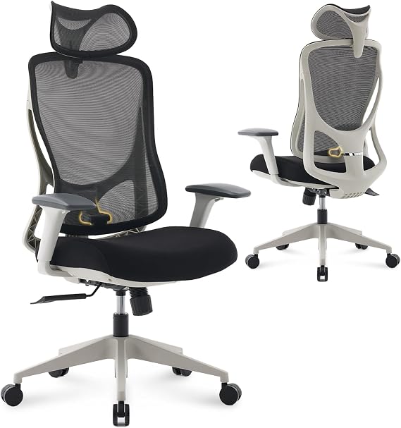 Nouhaus Apertura Ergonomic Office Chair, Home Office Desk Chairs w/Adjustable Lumbar Support & Headrest, Dynamic Back Support, 3D Armrests, High Back Mesh Comfy Computer Chair for Long Hours (Grey)