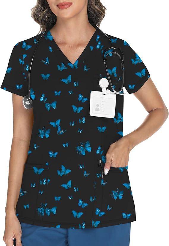 LOMON Women's V Neck Printed Scrub Top with 3 Pockets | Soft Knit Strectchy Scrub Shirts, Short Sleeve Pattern Cartoon Fun Scrubs Nurse Uniform