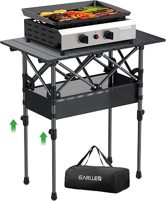 GARLLEN Folding Camping Table, 2-Height Adjustable Portable Picnic Table with Roll-up Tabletop, Lightweight Aluminum Outdoor Table with Storage Net & Carrying Bag for Camping, Picnic, BBQ