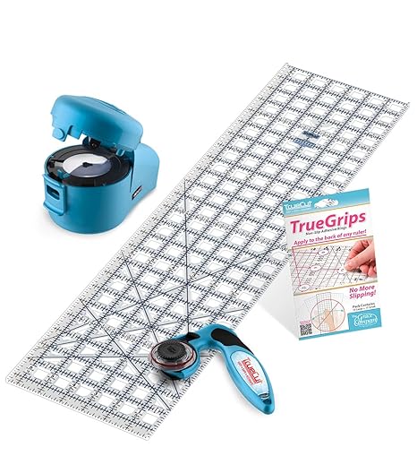 Truecut Quilters Ruler & Rotary Cutter Combo Includes 45mm My Comfort Rotary Cutter, 6.5 x 24.5 Inch Ruler, Ruler Grips, TrueSharp 2 Rotary Blade Sharpener