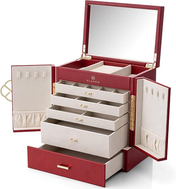 Vlando Large Jewelry Box, 6 Tier Jewelry Boxes & Organizers, Mirror Jewelry Storage Case with 5 Drawers,Faux Leather Watch Earrings Necklace Rings Bracelets Box, Gifts for Women Red
