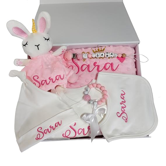 Personalized Newborn Baby Gifts Set for Girl,Custom Baby Blanket with Name | Customized Soft Furry Fluffy Minky Baby Bunny Security Blanket Onesie Beanie Sleep Sack, Baby Shower Registry Birthday Gift