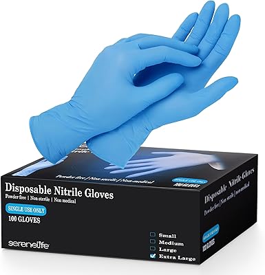 SereneLife 100 Pcs Nitrile Disposable Gloves - Soft Industrial Gloves, Vinyl Gloves Powder-Free, Latex-Free Protective Gloves, Soft and Comfortable, Size Extra Large SLGLVNIT100XL