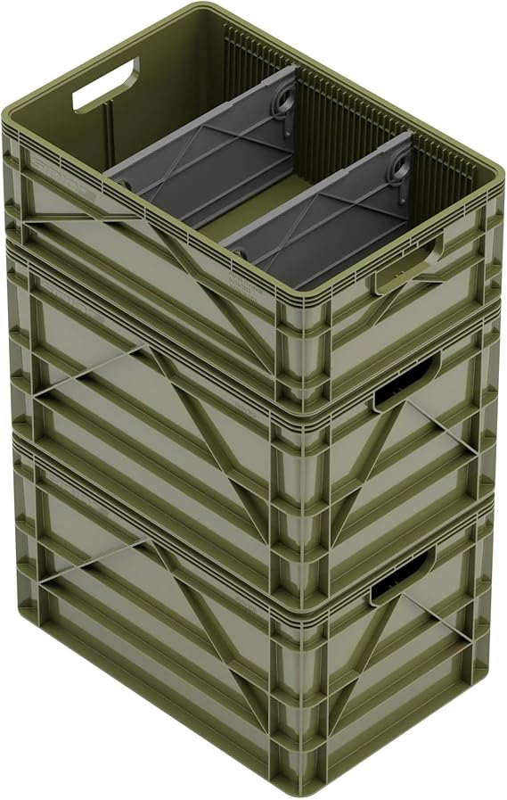 SIDIO Basic Pack, Heavy Duty Stackable Storage Bins with Dividers, Green | Includes 2 full-size & 1 half-size crates, durable plastic organizer for home, office, garage and outdoor use, USA made