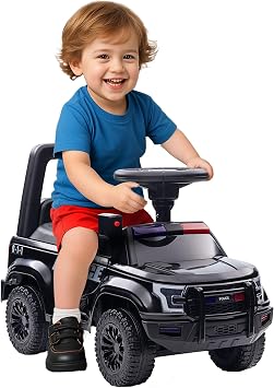 Aosom Kids Push Ride On Car with Working PA System and Horn, Police Truck Style Foot-to-Floor Sliding Car for Boys and Girls with Under-Seat Storage, for 18 Months to 5 Years Old, Black