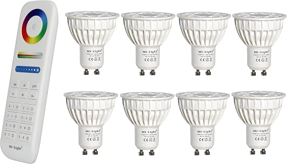 lighteu®, 8X 4W GU10 RGB+CCT LED Spotlight Color Changing and CCT WW CW Temperature Adjustable, Original Mi-Light, Bulb with a 8-Zone Remote (8X FUT103+FUT089) [Energy Class F]