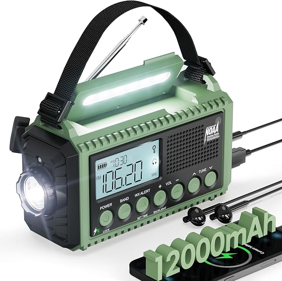 Emergency Weather Radio, Hand Crank 12000mAh Battery Powered Auto Alert NOAA Radio,130H Runtime, LCD Digital Display, SOS, Flashlight,Phone Charger, Solar Portable AM/FM/SW Radio for Emergency/Outdoor