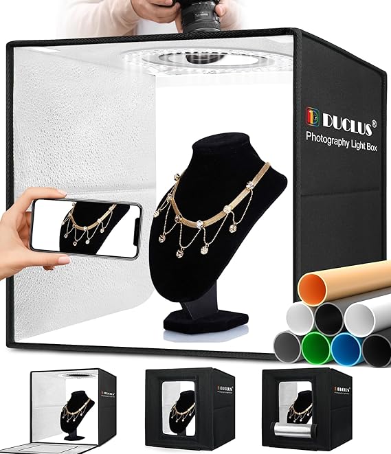 Light Box Photography, 16x16 Inch Photo Light Box with 160 Dimmable LED Lights (CRI 97+), 6 PVC & 2 Paper Backdrops, Portable Studio Box for Product Photography: Jewelry, Food, Shoes