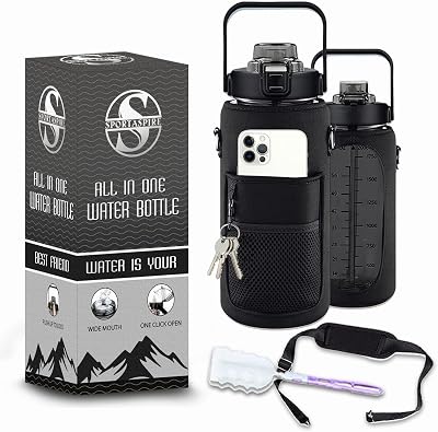 SPORTASPIRE Half Gallon Inspirational Water Bottle with Straw & Sleeve & Strap, 64oz 2L BPA-Free Leakproof Water Jug With Time Maker, Workout Gym accessories for men and women Brush included