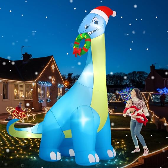 13FT Giant Christmas Inflatables Decoration Dinosaur Built-in Bright LED Lights & Extra Strong Blower Blow Up Yard Decoration Blowups with Large Huge Xmas Wreath Hat for Holiday Party Xmas New Year