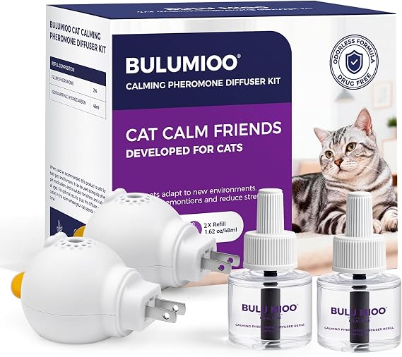 Cat Calming Pheromone Diffuser Set (Dual Zone Coverage) 2 Diffusers + 2 x 48ml Refills Helps Reduce Urine Spraying, Scratching & Fighting Unscented Stress Relief for Multi-Room Homes