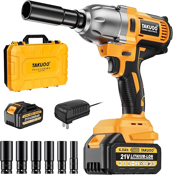 Takuoo Cordless Impact Wrench 1/2 Inch, 1200N.m (900Ft-lbs) Brushless Impact Gun, 3300RPM High Torque 21V Electric Wrench w/4.0Ah Battery, Charger & 6 Sockets, Power Impact Driver for Car Tire Mower