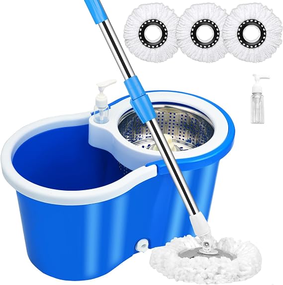 Spin Mop and Bucket with Wringer Set, 360 Mop and Bucket Set for Floor Cleaning, Stainless Steel 61" Adjustable Extended Handle with 3 Microfiber Mop Refills, Blue