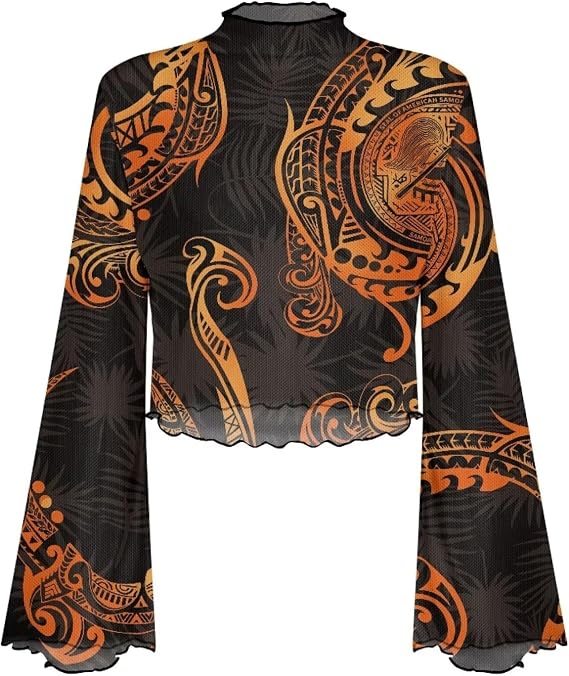 Jndtueit 70s Polynesia Bell Sleeve Shirts for Women Mock Neck Mesh Top Crop T Shirt Sheer Ruffle Flare Long Sleeve Tee Top