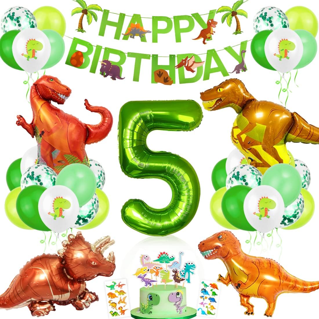 Dinosaur Birthday Party Decoration Set, Giant Dinosaur Foil Balloons, 5th Birthday Latex Balloons Green, 5th Birthday Balloons Set for Dinosaur Party Decoration Jungle Party Boys Children