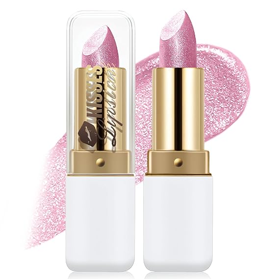 Nude Pink Metallic Glitter Lipstick for Women, High Shine Diamond Shimmer Creamy Lipstick, Long Lasting Non-Sticky Hydrating Lip Tint Makeup Full-Coverage Lightweight without Drying or Fading